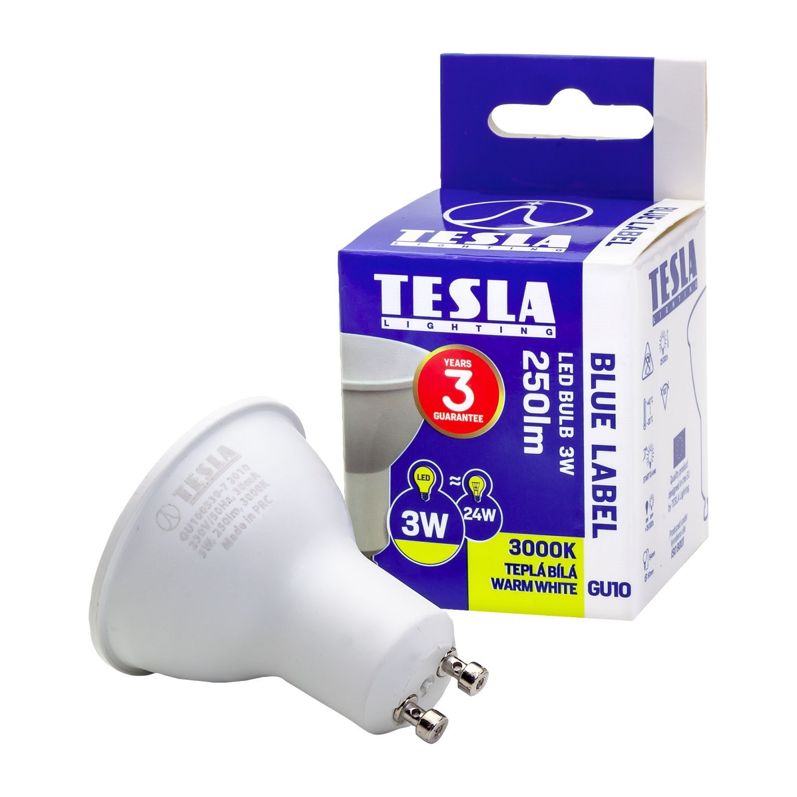 Tesla - LED žárovka GU10, 3W, 230V, 250lm, 25 000h, 3000K teplá bílá, 100st Tesla Lighting