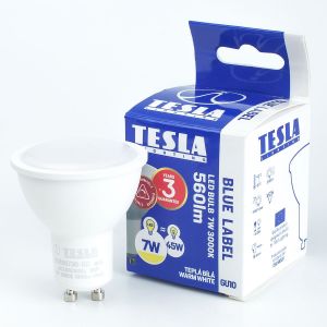 Tesla - LED žárovka GU10, 7W, 230V, 560lm, 25 000h, 3000K teplá bílá, 100st stmívatelná